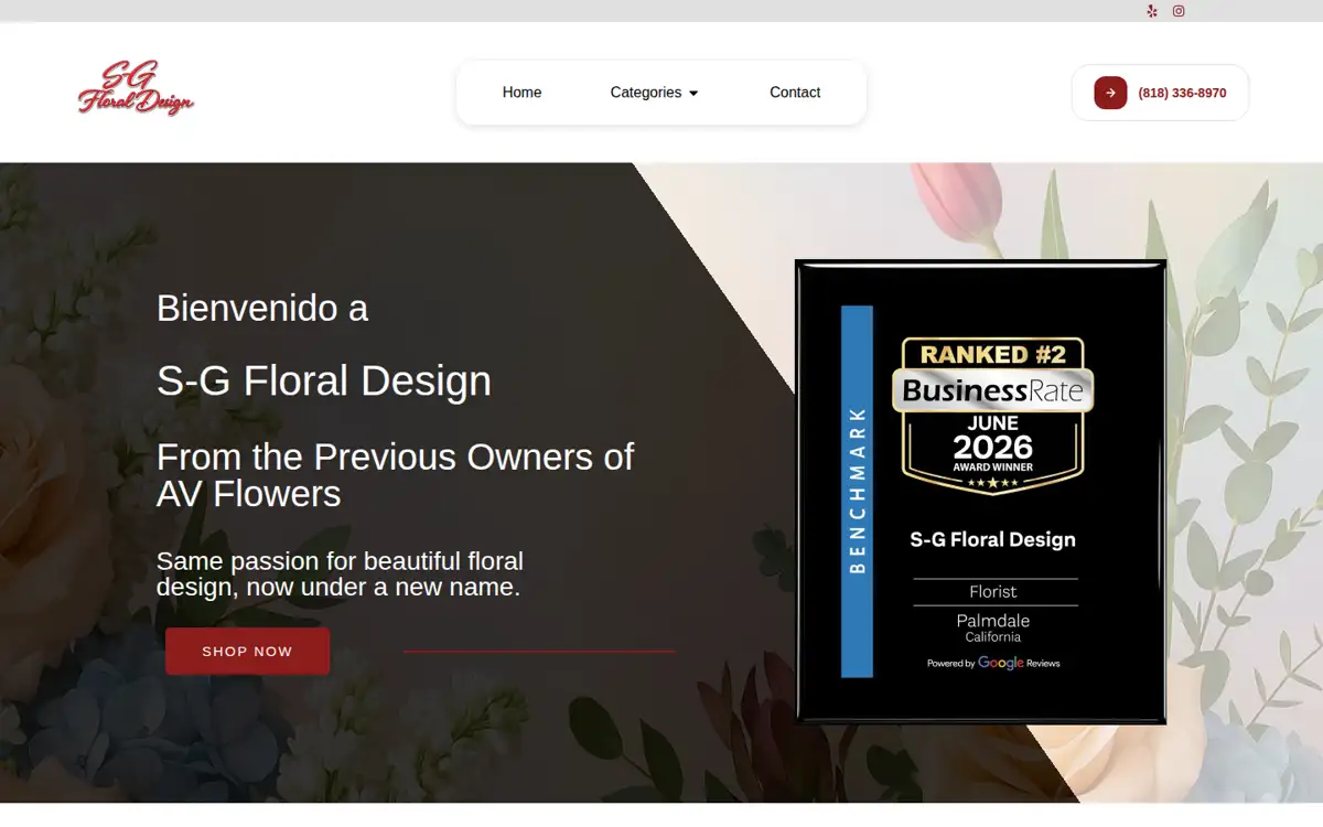 S-G Floral Design online flower shop home page, designed and built by Pixel AI