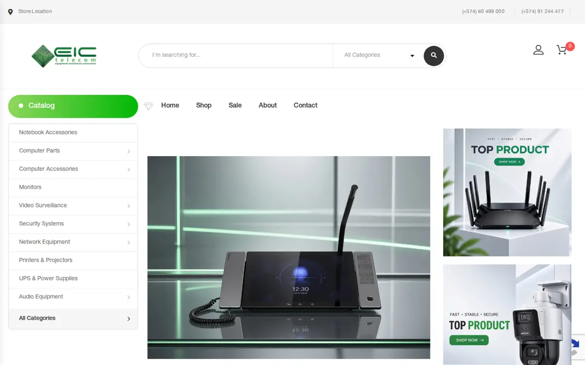 EIC Telecom online shop home page, telecommunication equipment, designed and built by Pixel AI
