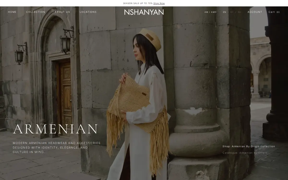 Nshanyan Armenian headwear online shop home page, designed and built by Pixel AI