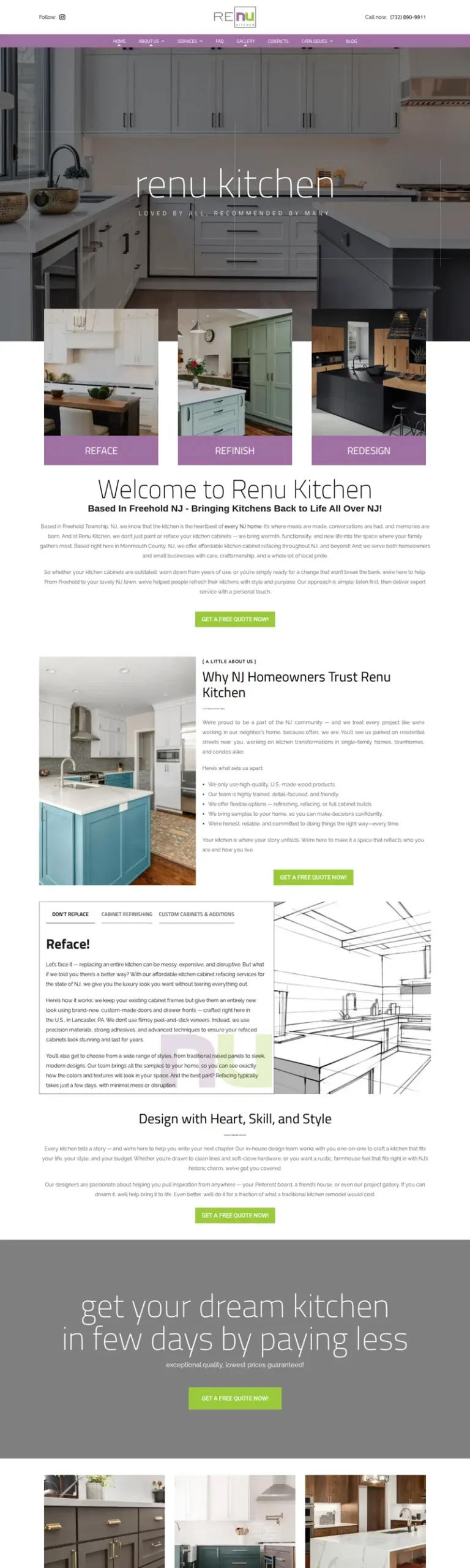 Full home page of the Renu Kitchen website